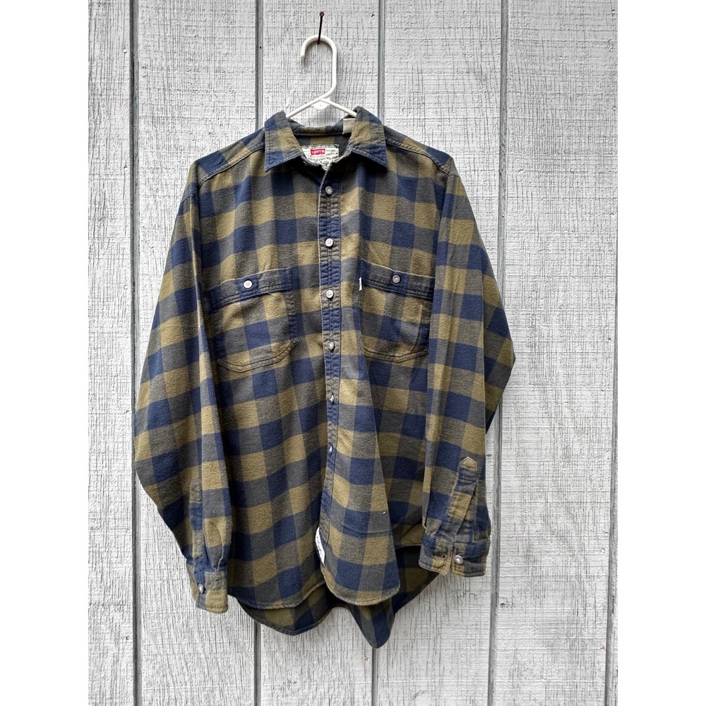 Levi's Authentic Olive Green Blue Plaid Flannel Shirt‎ Button Up Mens Medium